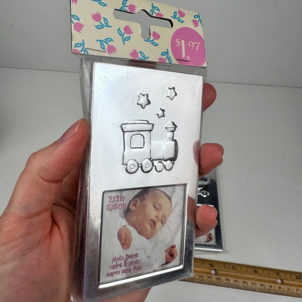 3 Vtg Small Baby Picture Photo Frame Silver Duck Shoes Train Stars‎ 2x2inch READ